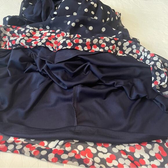 R & K Sheer Navy White Polka Dots Pleated Belted Feminine Maxi Dress NWOT Size 8 - Picture 8 of 13